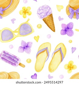 Watercolor seamless pattern with summer hat, flowers ice-cream cone and sleepers - Powered by Shutterstock