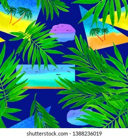 Watercolor seamless pattern with summer illustration. Sea. Palm. Birds. 