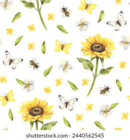 Watercolor seamless pattern with sunflowers, bees and butterflies. Hand-drawn summer texture on white background - Powered by Shutterstock