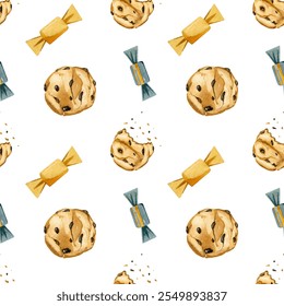 Watercolor seamless pattern. Sweets chocolate chip cookies and candies. Festive seamless pattern with sweets on a white background. Hand drawn illustration. National Chocolate Chip Cookie day. - Powered by Shutterstock