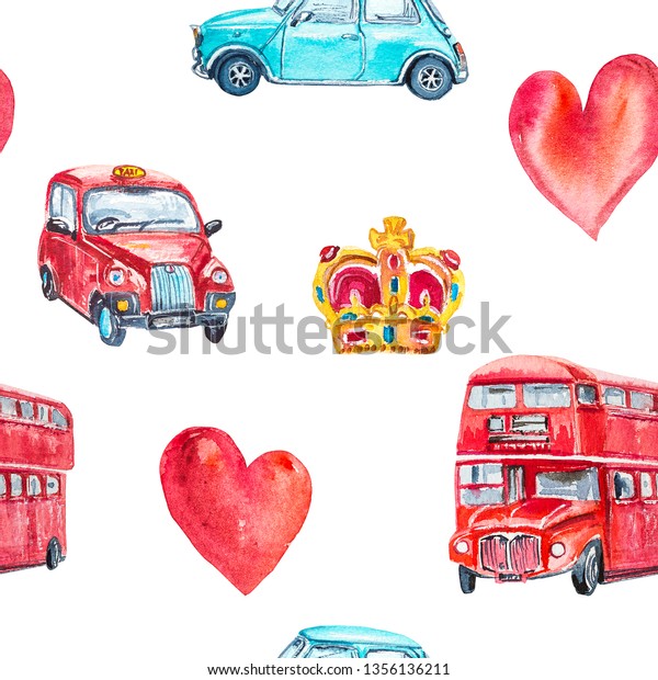 Watercolor seamless pattern with\
symbols  London red bus, taxi, teapot, crown, car, heart\
illustration.