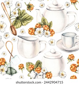 Watercolor seamless pattern with tea, cloudberries and tea ceremony. Botanical seamless pattern with hand drawn tea supplies for textile, fabric, wallpaper, etc