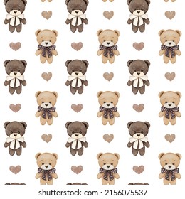 Watercolor seamless pattern. Teddy bears and hearts baby print. Brown, beige elements on white background. For wallpapers, postcards, wrappers, greeting cards, textile, invitations