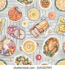 Watercolor seamless pattern. Thanksgiving Day dinner with traditional dishes, stuffed turkey, pumpkin pie, baked vegetables on wooden table. Holiday food, celebration. Hand painted illustration - Powered by Shutterstock