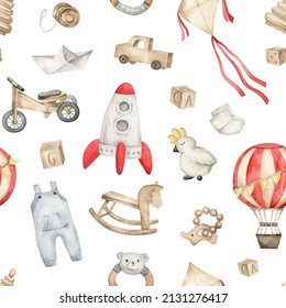 Watercolor Seamless Pattern With Toys, Baby Elements, Nursery Decor. Bicycle, Rocket, Balloon, Car, Kite, Romper, Teether, Rocking Horse. Childish Room Decoration, Background