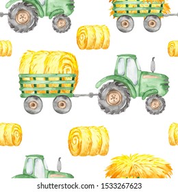 Watercolor Seamless Pattern Tractor, Harvest, Haystacks