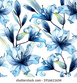 
Watercolor Seamless Pattern With Transparent Flowers. Blue Lilies On A White Background. Floral Print In Blue Pastel Colors.