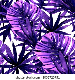 Watercolor seamless pattern with tropical leaves: palms, monstera, passion fruit. Beautiful allover print with hand drawn exotic plants. Swimwear botanical design.
 - Shutterstock ID 1033723951