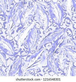 Watercolor seamless pattern with tropical leaves on leopard background. Fashion texture. Surface design.
