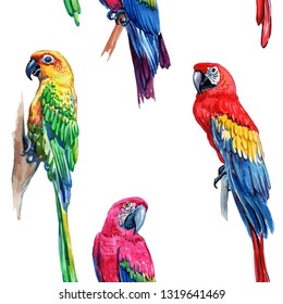 Watercolor seamless pattern of tropical leaves and birds. Scarlet macaw parrot and green Alexandrine parrot. - Illustration