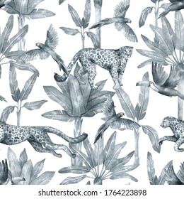 Watercolor seamless pattern with tropical palm trees and cheetah. Banana palm, leopard, parrot, toucan. Gently silver background with wildlife jungle elements. Aesthetic vintage wallpaper, wrapping