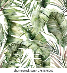 Watercolor seamless pattern with tropical palm leaves. Hand painted exotic leaves and branches isolated on white background. Floral jungle illustration for design, print, fabric or background.