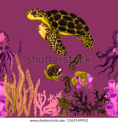 Watercolor seamless pattern with turtle, fish, seahorses and octopus in coral reef. Summer exotic print. Can be used for any kind of design. 