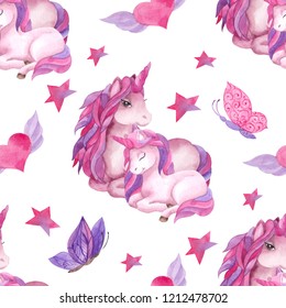 Watercolor Seamless Pattern With Unicorn, Heart, Star And Buterfly