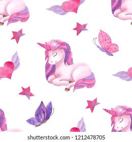 Watercolor Seamless Pattern With Unicorn, Heart, Star And Buterfly