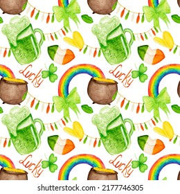 Watercolor seamless pattern with various elements. Hat, leprechaun cauldron,  coin, green bear, garlands on a white background. Festive colorful pattern for St. Patrick's Day.