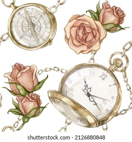 Watercolor seamless pattern and vintage gold pocket watch  compass  chains   roses white background  Vintage hand drawn illustrations  Can be used in cards  posters  wrapping paper 