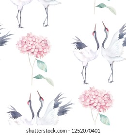 Watercolor seamless pattern. Vintage print with hortensia flowers and crane couple. Hand drawn illustration