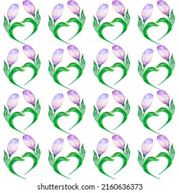 Watercolor seamless pattern, wallpaper, two heart-shaped tulip flowers, in soft, gentle pink color, background.