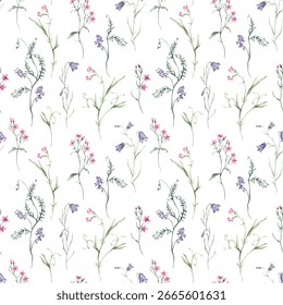 Watercolor seamless pattern white background - illustration with green leaves, pink blue purple buds and branches. Wildfield herbs flowers. Wedding invites, fashion, prints, backgrounds. Wildflowers