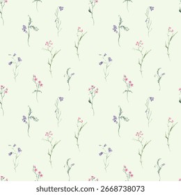 Watercolor seamless pattern white background - illustration with green leaves, pink blue purple buds and branches. Wildfield herbs flowers. Wedding invites, fashion, prints, backgrounds. Wildflowers