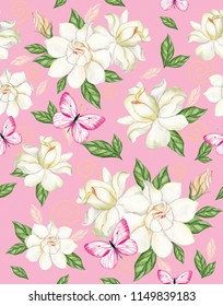 
Watercolor Seamless Pattern With White Gardenia And Pink Butterflies On A Pink Background. Perfectly Suitable For Drawing On Fabric, Wallpaper.