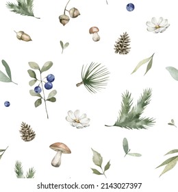 Watercolor Seamless Pattern With Wild Berries, Flowers, Cones And Leaves. Forest Plants. Summer Floral Background. Blueberries, Pinecone, Nature, Blossom Botany. 