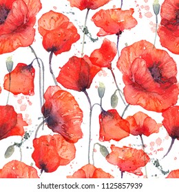 Watercolor seamless pattern with wild red poppies on white background. Surface design for interior decoration, textile printing, printed issues, invitation cards