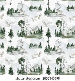 Watercolor Seamless Pattern With Wildlife Winter Landscape, White Deer, Snowy Owl, Spruce, Birch Tree. Wildlife Nature Elements, Animals, Trees For Children's Textile, Wallpaper, Covers