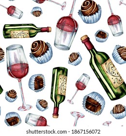 Watercolor seamless pattern of wine and sweets. A repeating illustration of a bottle of wine, a glass of red wine and chocolates on a substrate. Isolated on white background. Drawn by hand.