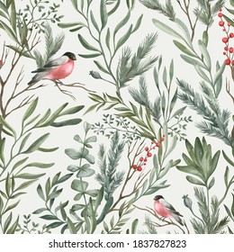 Watercolor Seamless Pattern With Winter Leaves, Branches, Berries, Bullfinch Bird. Delicate Floral Background. Hand Drawn Botanical Print With Christmas Foliage