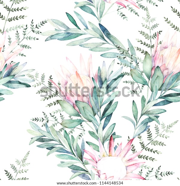 Watercolor Seamless Pattern Witn Eucalyptus Branch Stock 