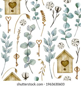 Watercolor seamless pattern with wood bird house, leaves of eucalyptus, vintage keys, ears of corn and flowers of cotton. Hand drawn clipart. Isolated on white background.