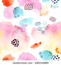 Watercolor Seamless Pattern,dot Memphis Fashion Style, Bright Design Repeating Background. Hand Painted Fashionable Brush Shapes.