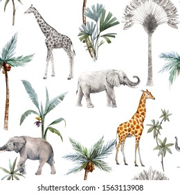 Watercolor Seamless Patterns With Safari Animals And Palm Trees. Elephant Giraffe.