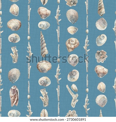 Watercolor seamless seashell pattern on blue background, hand-painted coastal design