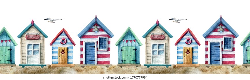 Watercolor Seamless Strip With Beach Houses