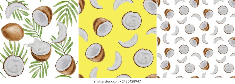 Watercolor seamless three patterns with coconuts. Tropical fruits and leaves, hand painted on paper, white and yellow backgrounds, for design, cookbook, recipes, cosmetics, backgrounds, wrapping paper - Powered by Shutterstock