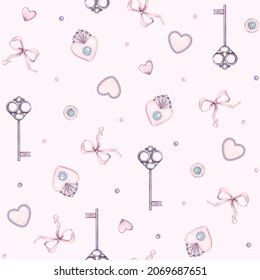 Watercolor seamless wedding day pattern with key, brooch, heart, pendant, bow, ribbon. For baby shower party, clothes, bachelorette party, valentine cards, linen, wrapping paper wallpaper textile - Powered by Shutterstock