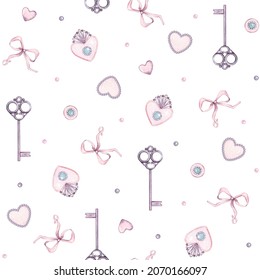 Watercolor seamless wedding day pattern with key, brooch, heart, pendant, bow, ribbon. For baby shower party, clothes, bachelorette party, valentine cards, linen, wrapping paper, wallpaper, textile.