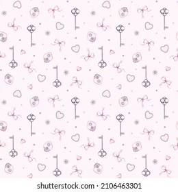 Watercolor Seamless Wedding Day Pattern With Key, Brooch, Heart, Pendant, Bow, Ribbon. For Baby Shower Party, Clothes, Bachelorette Party, Valentine Cards, Linen, Wrapping Paper, Wallpaper, Textile.