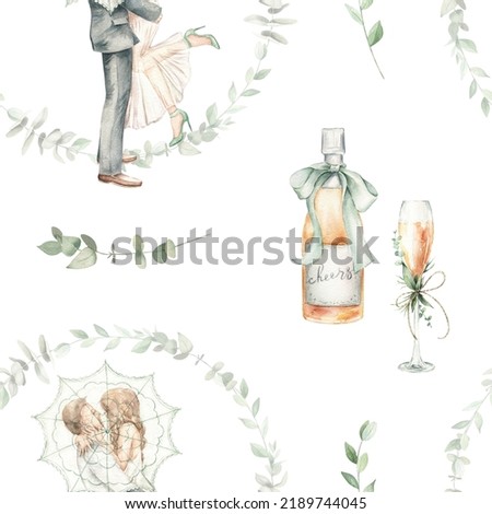 Watercolor seamless wedding pattern with bride and groom, eucalyptus, champagne. Perfect for wallpaper, wrapping paper, fabric, design, digital paper