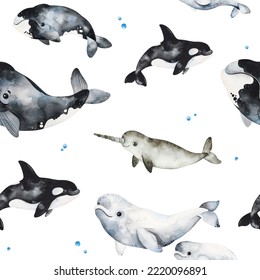 Watercolor seamless winter background and whales  narwhal   beluga Perfect for invitation wallpaper print textile holiday Christmas packaging etc