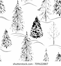 Watercolor Seamless Winter Pattern . Winter Forest.