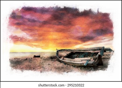 Watercolor Seascape with old derelict fishing boat