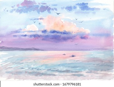 Watercolor seascape painting beach. Original artwork for design cards, invitation. Beautiful sunrise on the ocean.