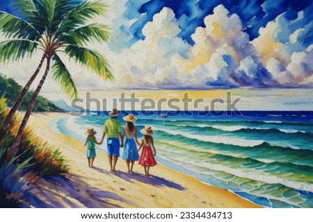 Watercolor seascape painting colorful of family on the beach and summer holiday, cloudy sky background.