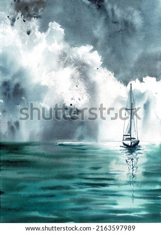 Watercolor seascape with sailboat yacht boat blue color illustration
