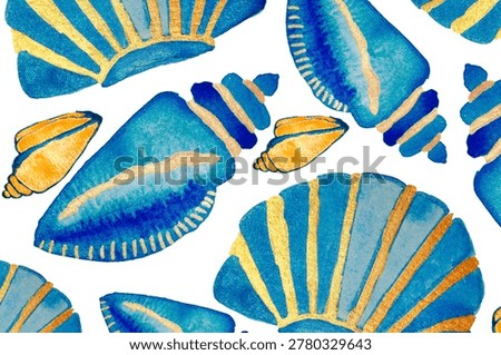 watercolor seashell pattern with blue tones and gold accents, luxury marine background for summer backgrounds, textile, wrapping paper, branding and coastal themed projects. 