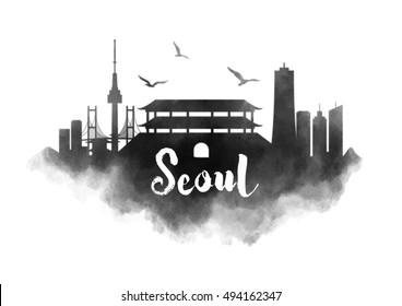 Watercolor Seoul City Skyline